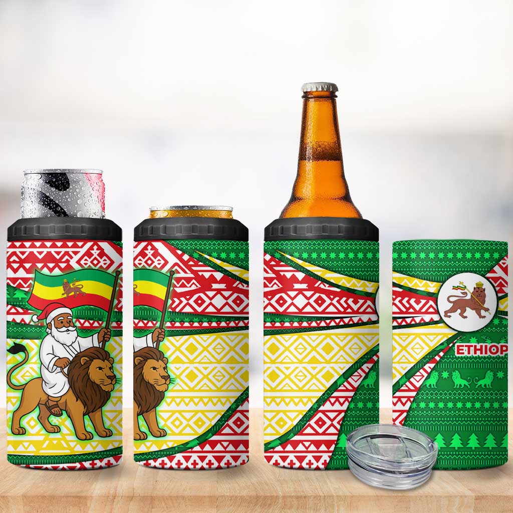 Ethiopia Christmas 4 in 1 Can Cooler Tumbler Santa Riding Lion Ethiopian Flag Colors and Tribal - African Pride