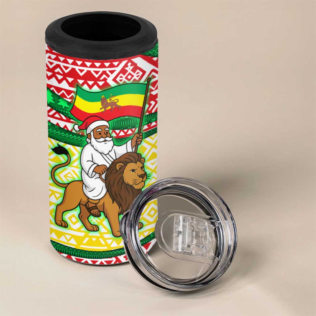 Ethiopia Christmas 4 in 1 Can Cooler Tumbler Santa Riding Lion Ethiopian Flag Colors and Tribal - African Pride