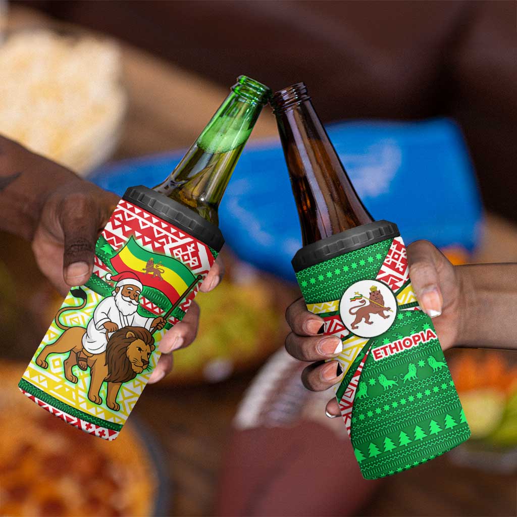 Ethiopia Christmas 4 in 1 Can Cooler Tumbler Santa Riding Lion Ethiopian Flag Colors and Tribal - African Pride