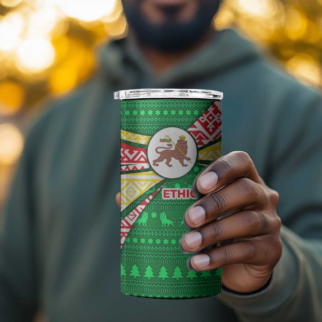 Ethiopia Christmas 4 in 1 Can Cooler Tumbler Santa Riding Lion Ethiopian Flag Colors and Tribal - African Pride