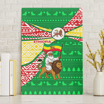 Ethiopia Christmas Canvas Wall Art Santa Riding Lion Ethiopian Flag Colors and Tribal - African Pride