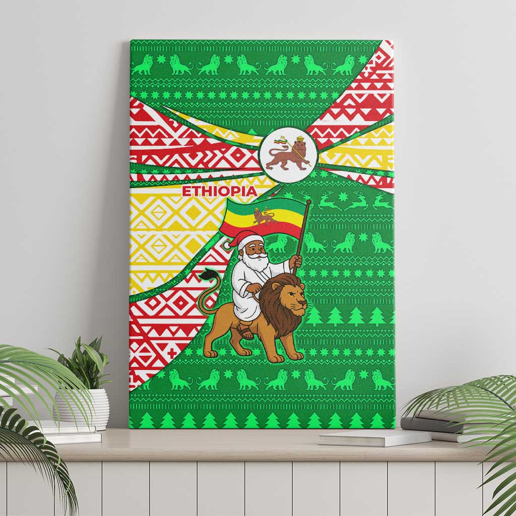 Ethiopia Christmas Canvas Wall Art Santa Riding Lion Ethiopian Flag Colors and Tribal - African Pride