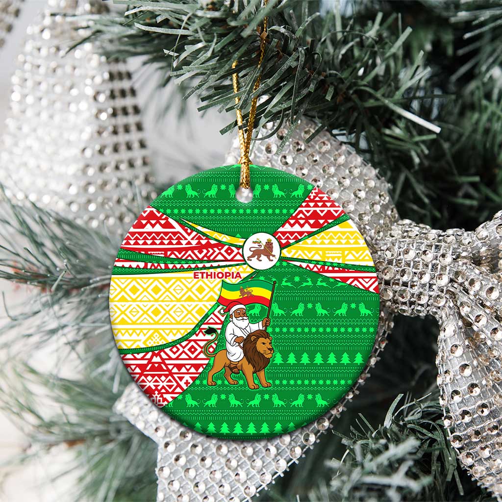 Ethiopia Christmas Ceramic Ornament Santa Riding Lion Ethiopian Flag Colors and Tribal - African Pride