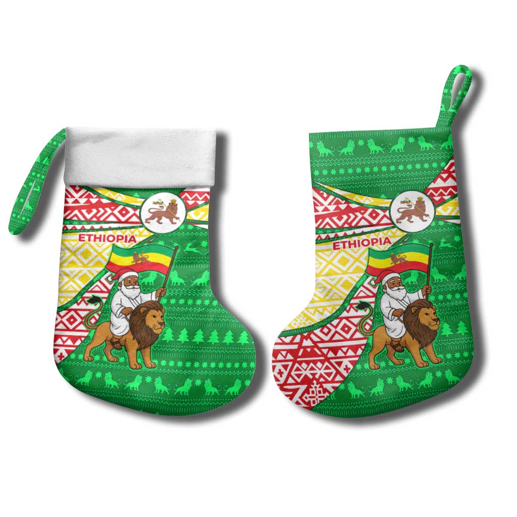 Ethiopia Christmas Stocking Santa Riding Lion Ethiopian Flag Colors and Tribal - African Pride