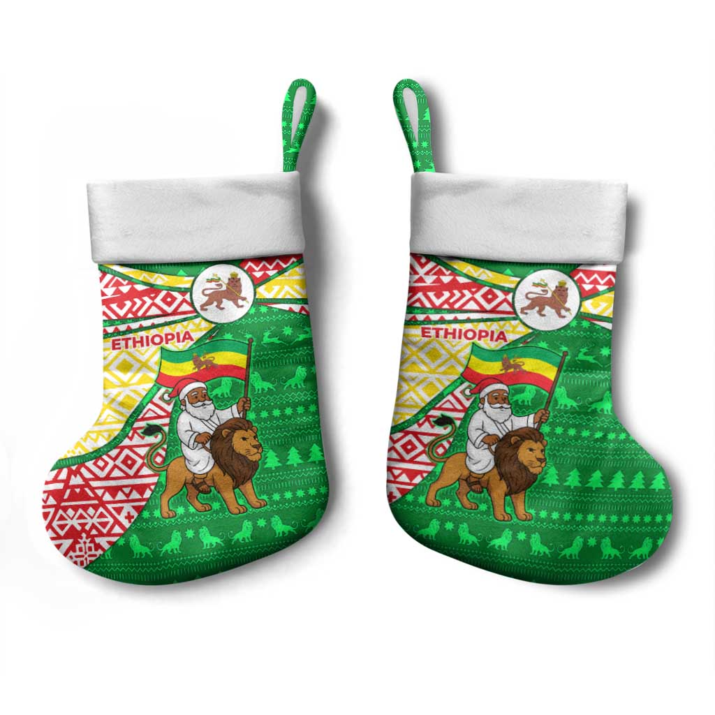 Ethiopia Christmas Stocking Santa Riding Lion Ethiopian Flag Colors and Tribal - African Pride