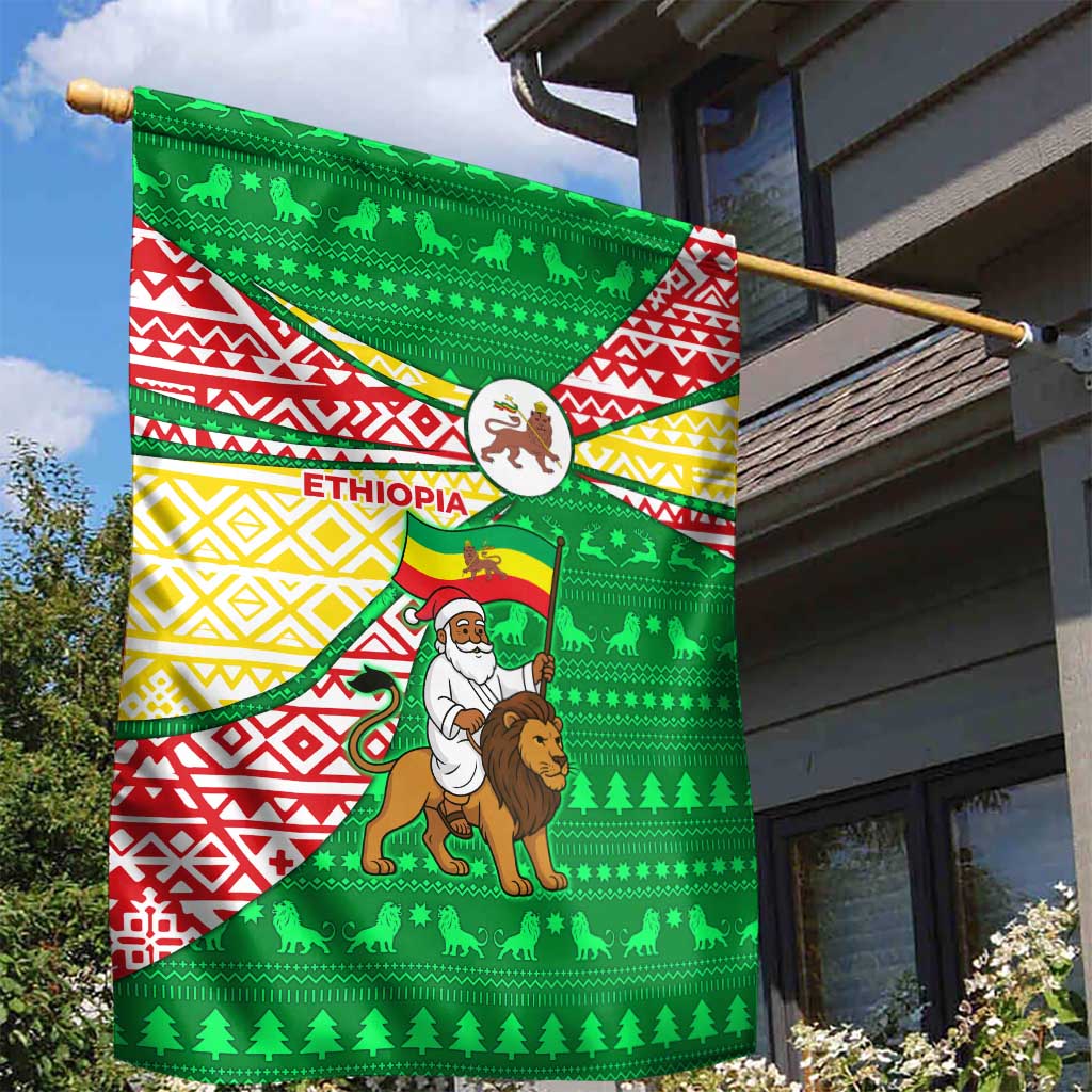 Ethiopia Christmas Garden Flag Santa Riding Lion Ethiopian Flag Colors and Tribal - African Pride