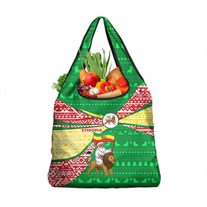Ethiopia Christmas Grocery Bag Santa Riding Lion Ethiopian Flag Colors and Tribal - African Pride