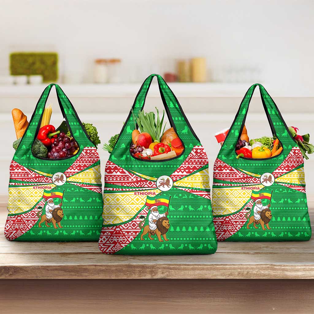 Ethiopia Christmas Grocery Bag Santa Riding Lion Ethiopian Flag Colors and Tribal - African Pride