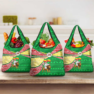 Ethiopia Christmas Grocery Bag Santa Riding Lion Ethiopian Flag Colors and Tribal - African Pride