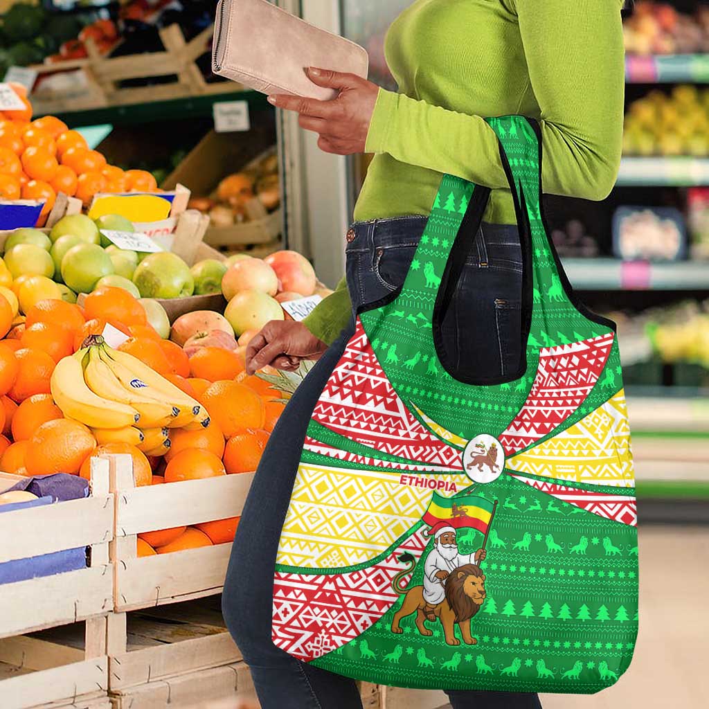 Ethiopia Christmas Grocery Bag Santa Riding Lion Ethiopian Flag Colors and Tribal - African Pride