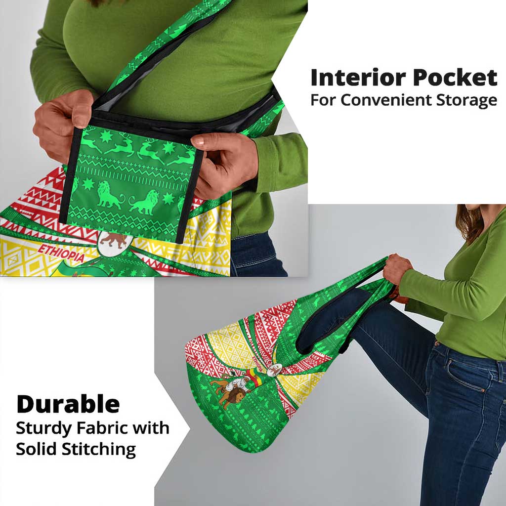 Ethiopia Christmas Grocery Bag Santa Riding Lion Ethiopian Flag Colors and Tribal - African Pride
