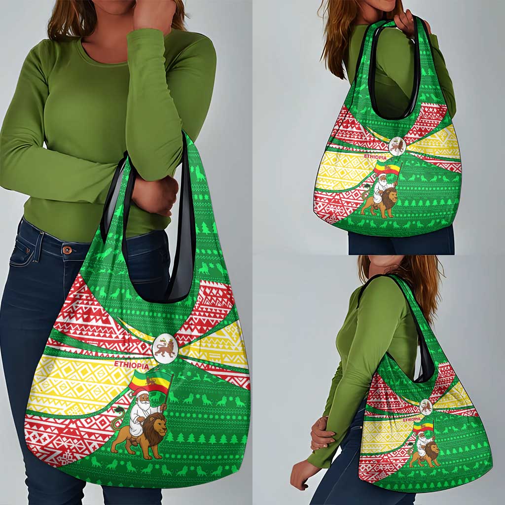 Ethiopia Christmas Grocery Bag Santa Riding Lion Ethiopian Flag Colors and Tribal - African Pride