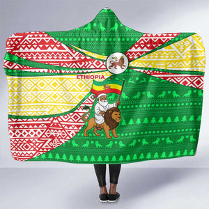 Ethiopia Christmas Hooded Blanket Santa Riding Lion Ethiopian Flag Colors and Tribal - African Pride