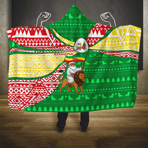 Ethiopia Christmas Hooded Blanket Santa Riding Lion Ethiopian Flag Colors and Tribal - African Pride