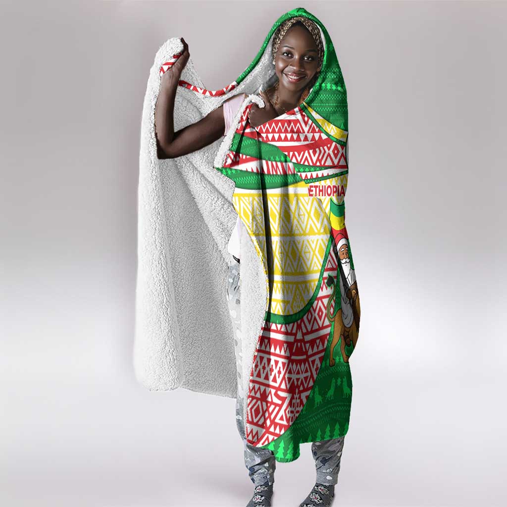 Ethiopia Christmas Hooded Blanket Santa Riding Lion Ethiopian Flag Colors and Tribal - African Pride