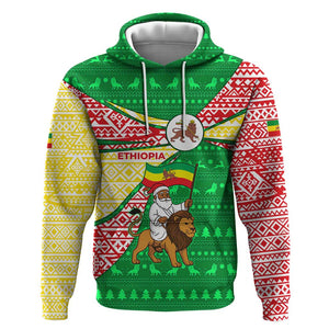 Ethiopia Christmas Hoodie Santa Riding Lion Ethiopian Flag Colors and Tribal - African Pride