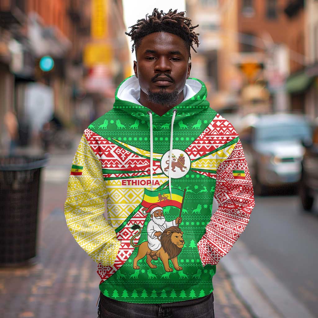 Ethiopia Christmas Hoodie Santa Riding Lion Ethiopian Flag Colors and Tribal - African Pride