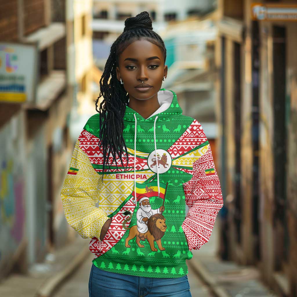 Ethiopia Christmas Hoodie Santa Riding Lion Ethiopian Flag Colors and Tribal - African Pride
