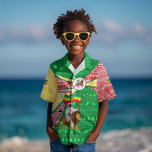 Ethiopia Christmas Kid Hawaiian Shirt Santa Riding Lion Ethiopian Flag Colors and Tribal - African Pride