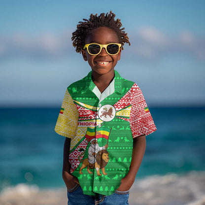 Ethiopia Christmas Kid Hawaiian Shirt Santa Riding Lion Ethiopian Flag Colors and Tribal - African Pride