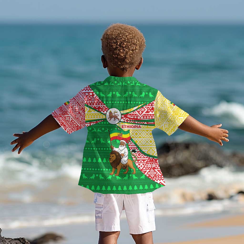 Ethiopia Christmas Kid Hawaiian Shirt Santa Riding Lion Ethiopian Flag Colors and Tribal - African Pride
