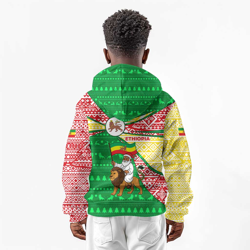 Ethiopia Christmas Kid Hoodie Santa Riding Lion Ethiopian Flag Colors and Tribal - African Pride