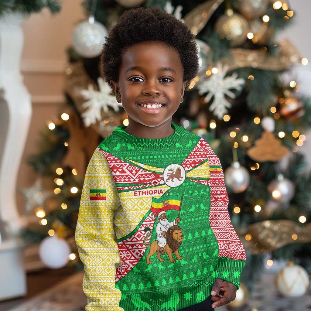 Ethiopia Christmas Kid Ugly Christmas Sweater Santa Riding Lion Ethiopian Flag Colors and Tribal - African Pride