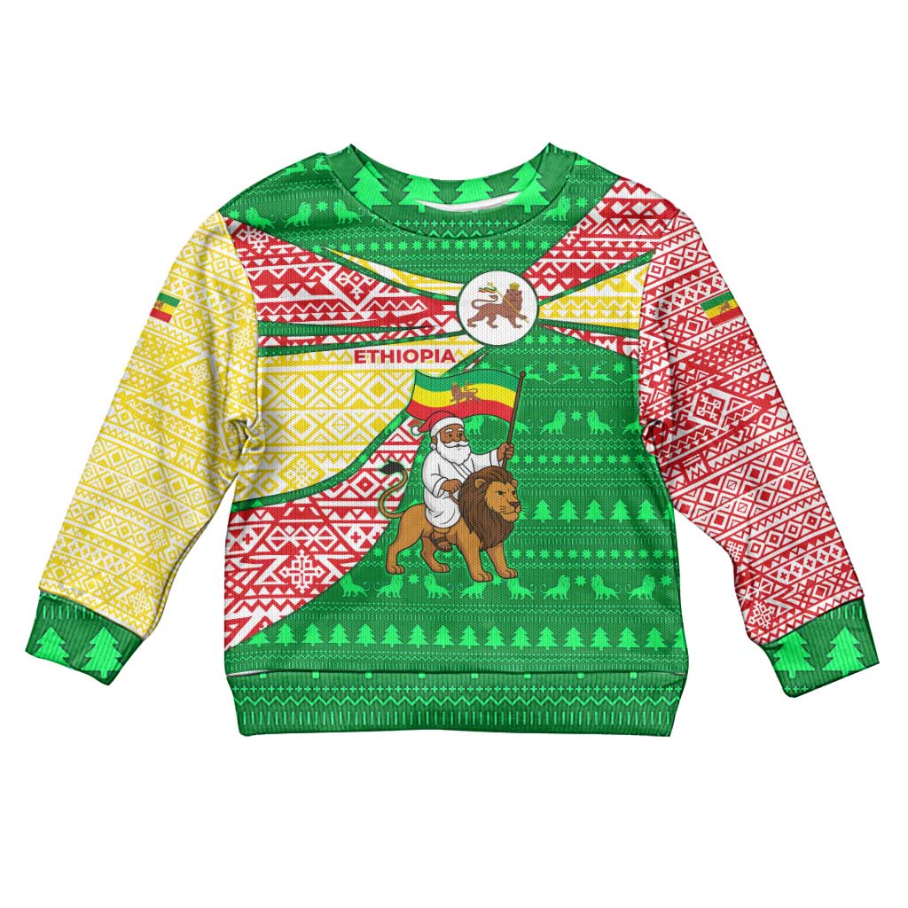 Ethiopia Christmas Kid Ugly Christmas Sweater Santa Riding Lion Ethiopian Flag Colors and Tribal - African Pride