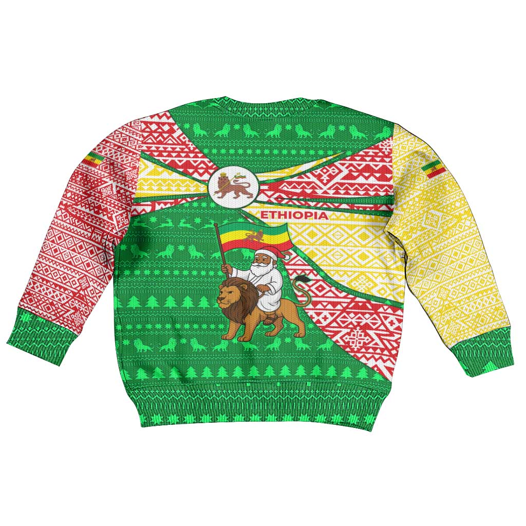 Ethiopia Christmas Kid Ugly Christmas Sweater Santa Riding Lion Ethiopian Flag Colors and Tribal - African Pride