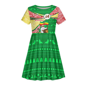 Ethiopia Christmas Kid Short Sleeve Dress Santa Riding Lion Ethiopian Flag Colors and Tribal - African Pride