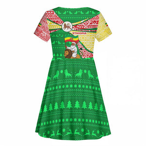 Ethiopia Christmas Kid Short Sleeve Dress Santa Riding Lion Ethiopian Flag Colors and Tribal - African Pride