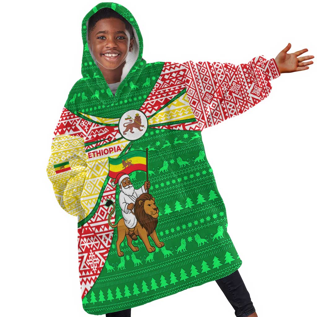 Ethiopia Christmas Kid Wearable Blanket Hoodie Santa Riding Lion Ethiopian Flag Colors and Tribal - African Pride