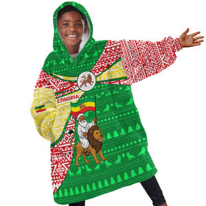 Ethiopia Christmas Kid Wearable Blanket Hoodie Santa Riding Lion Ethiopian Flag Colors and Tribal - African Pride