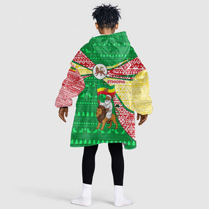 Ethiopia Christmas Kid Wearable Blanket Hoodie Santa Riding Lion Ethiopian Flag Colors and Tribal - African Pride