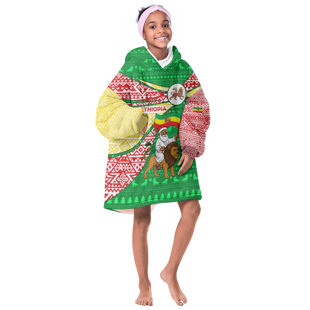 Ethiopia Christmas Kid Wearable Blanket Hoodie Santa Riding Lion Ethiopian Flag Colors and Tribal - African Pride