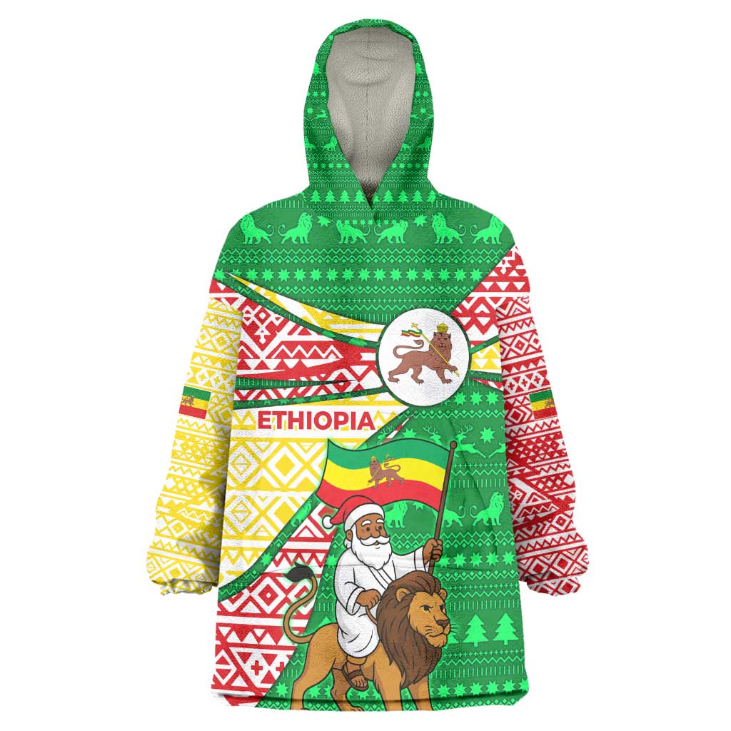 Ethiopia Christmas Kid Wearable Blanket Hoodie Santa Riding Lion Ethiopian Flag Colors and Tribal - African Pride