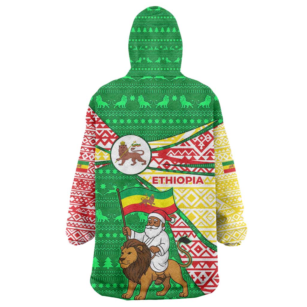 Ethiopia Christmas Kid Wearable Blanket Hoodie Santa Riding Lion Ethiopian Flag Colors and Tribal - African Pride