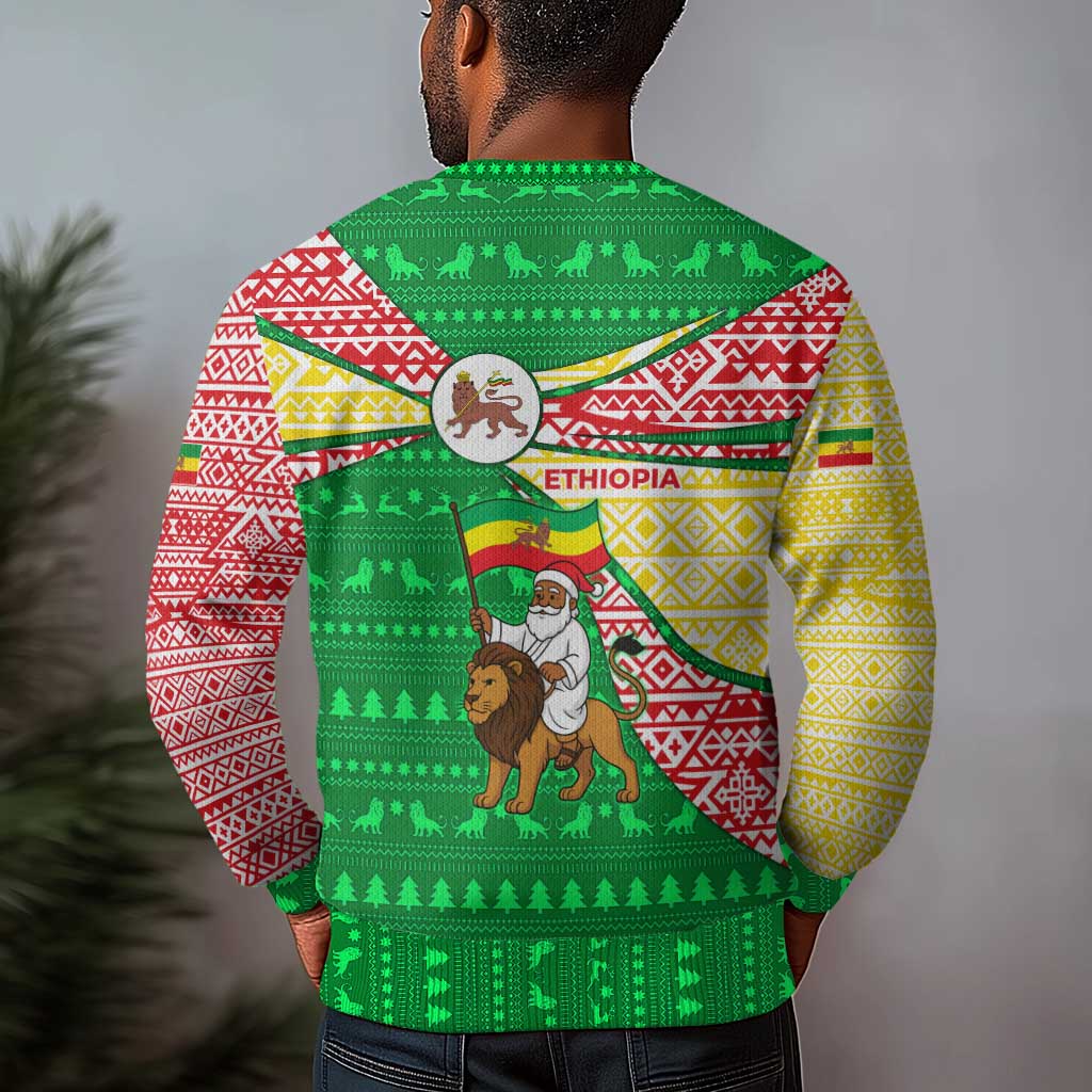 Ethiopia Christmas Ugly Christmas Sweater Santa Riding Lion Ethiopian Flag Colors and Tribal - African Pride