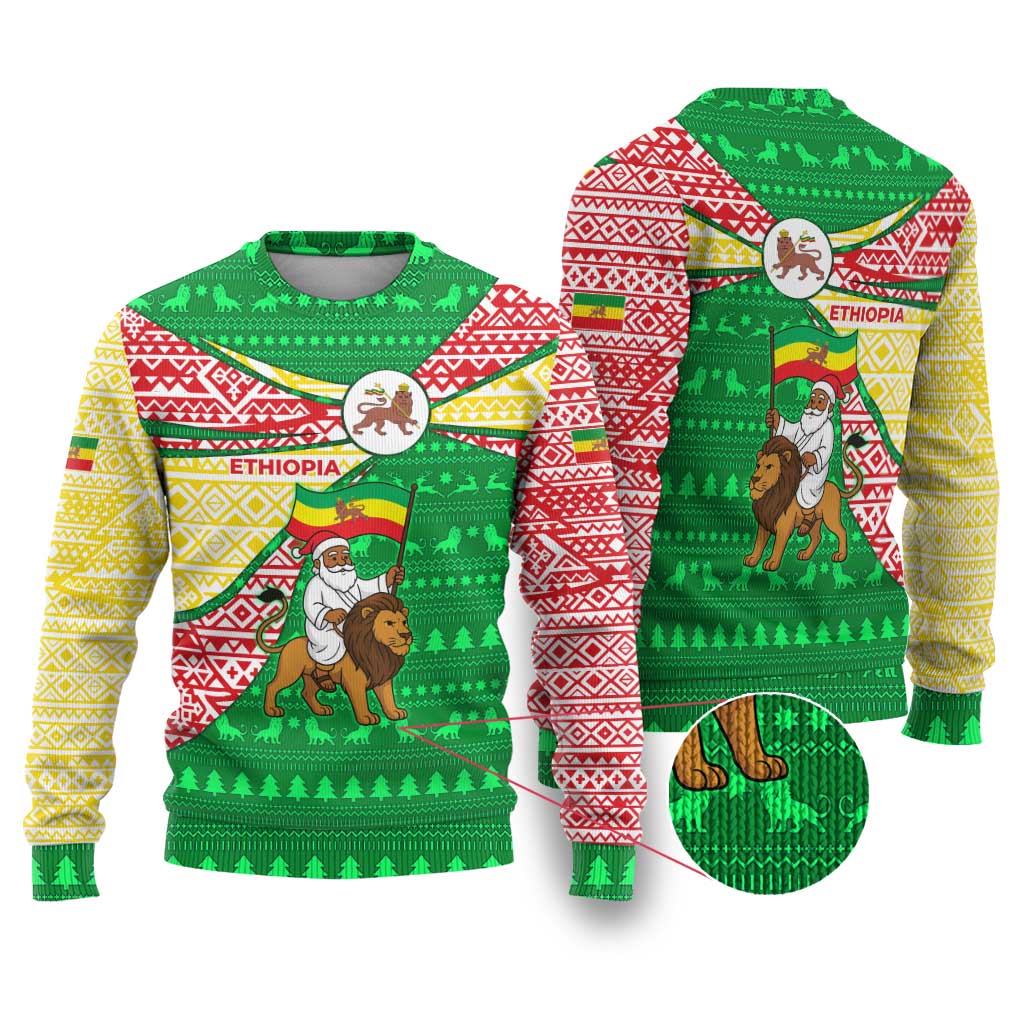 Ethiopia Christmas Ugly Christmas Sweater Santa Riding Lion Ethiopian Flag Colors and Tribal - African Pride