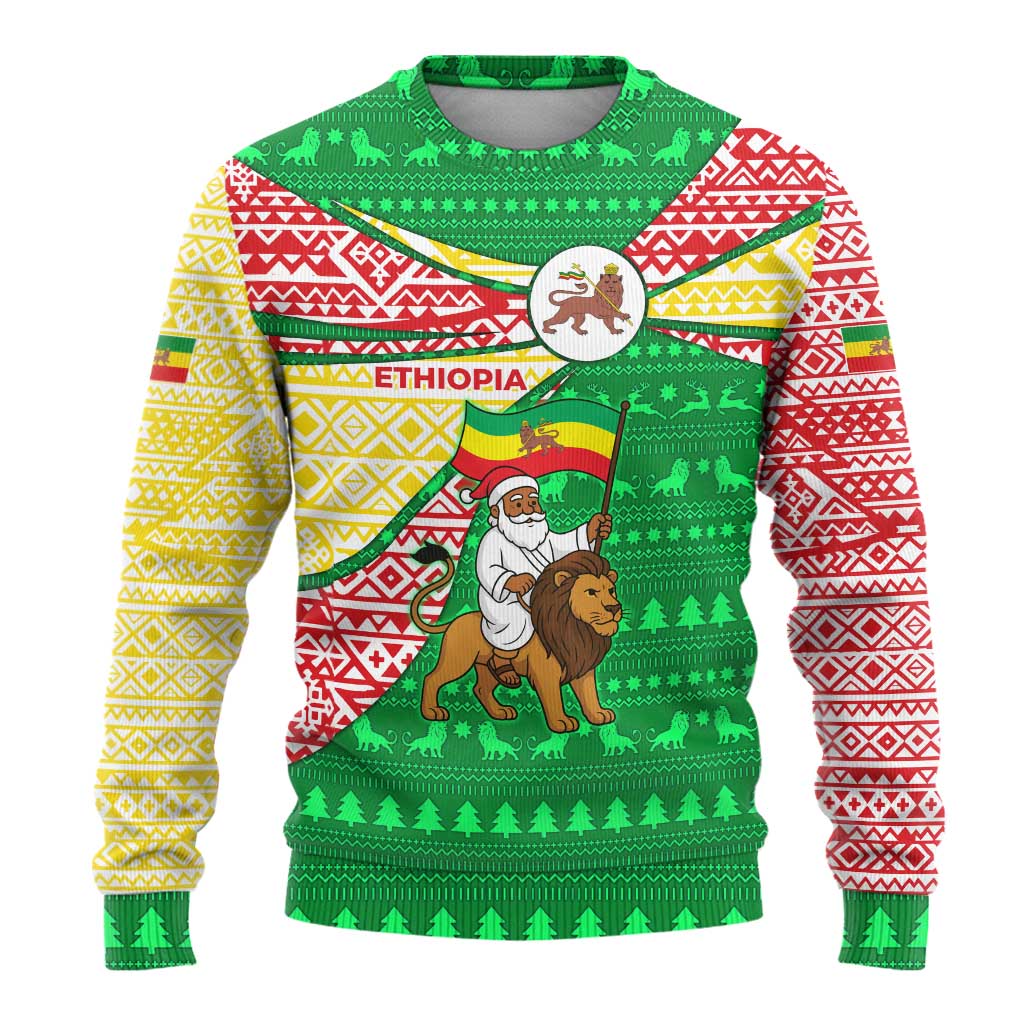 Ethiopia Christmas Ugly Christmas Sweater Santa Riding Lion Ethiopian Flag Colors and Tribal - African Pride