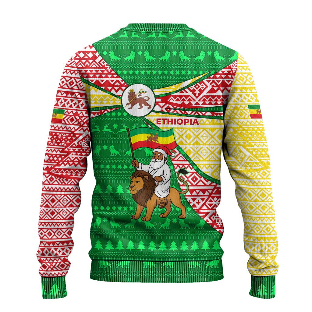 Ethiopia Christmas Ugly Christmas Sweater Santa Riding Lion Ethiopian Flag Colors and Tribal - African Pride