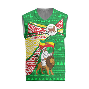 Ethiopia Christmas Knitted V-Neck Vest Santa Riding Lion Ethiopian Flag Colors and Tribal - African Pride
