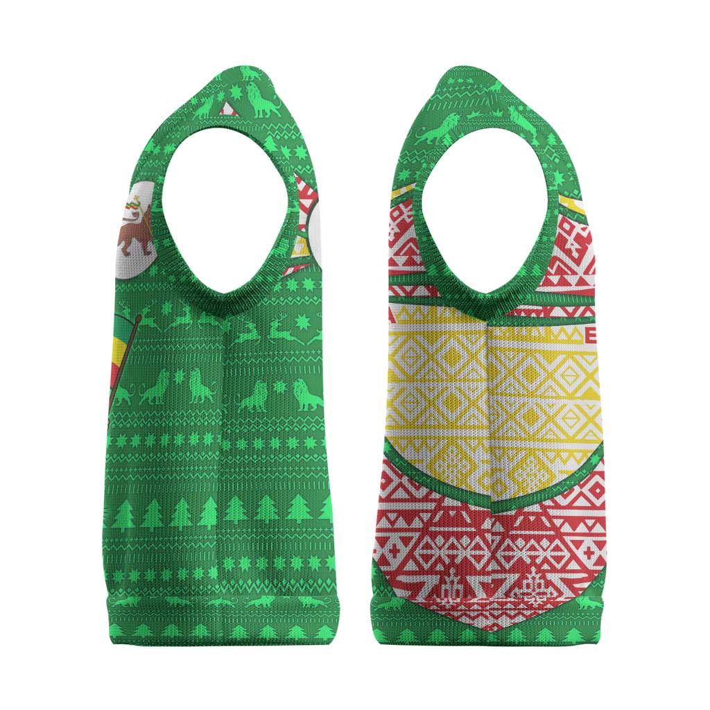 Ethiopia Christmas Knitted V-Neck Vest Santa Riding Lion Ethiopian Flag Colors and Tribal - African Pride