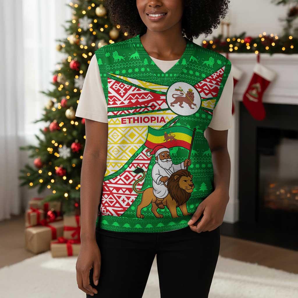 Ethiopia Christmas Knitted V-Neck Vest Santa Riding Lion Ethiopian Flag Colors and Tribal - African Pride