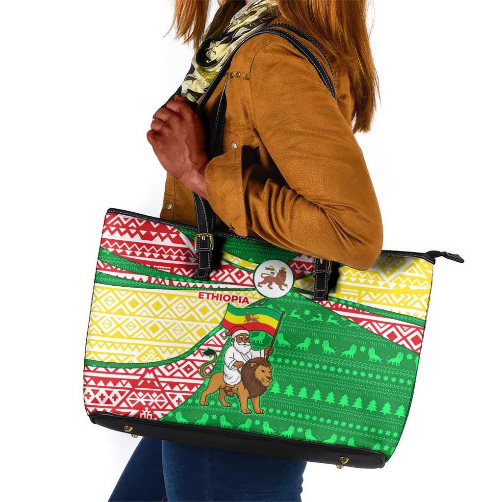 Ethiopia Christmas Leather Tote Bag Santa Riding Lion Ethiopian Flag Colors and Tribal - African Pride
