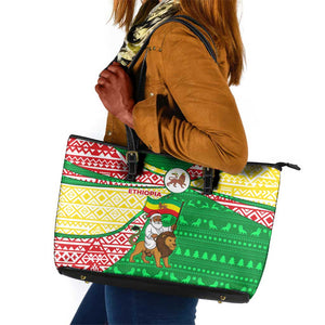 Ethiopia Christmas Leather Tote Bag Santa Riding Lion Ethiopian Flag Colors and Tribal - African Pride
