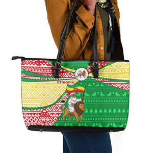 Ethiopia Christmas Leather Tote Bag Santa Riding Lion Ethiopian Flag Colors and Tribal - African Pride
