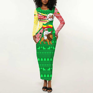 Ethiopia Christmas Long Sleeve Bodycon Dress Santa Riding Lion Ethiopian Flag Colors and Tribal - African Pride