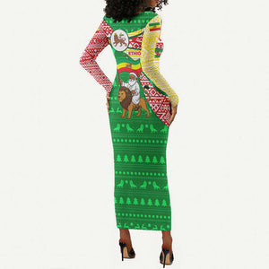 Ethiopia Christmas Long Sleeve Bodycon Dress Santa Riding Lion Ethiopian Flag Colors and Tribal - African Pride