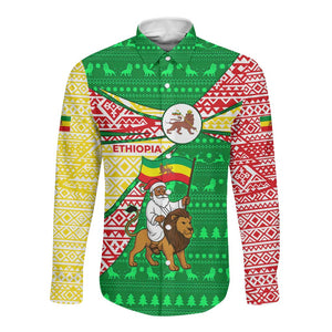 Ethiopia Christmas Long Sleeve Button Shirt Santa Riding Lion Ethiopian Flag Colors and Tribal - African Pride